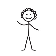 A simple vector illustration of a stick man with curly hair, drawn with clean minimal lines, playful proportions, and a light, cheerful expression that emphasizes his lively character.
