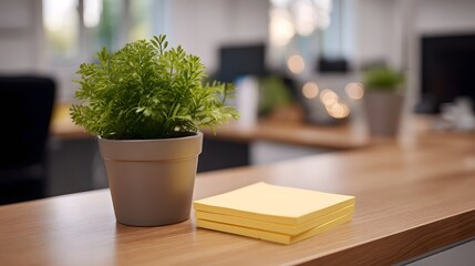 A potted green plant and a stack of yellow sticky notes rest on a wooden office desk