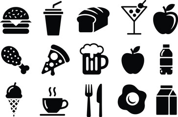 Solid black food and drink icon set featuring burgers, pizza, drinks, fruit, desserts, bread, and meal symbols in minimalist style