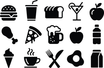 Solid black food and drink icon set featuring burgers, pizza, drinks, fruit, desserts, bread, and meal symbols in minimalist style