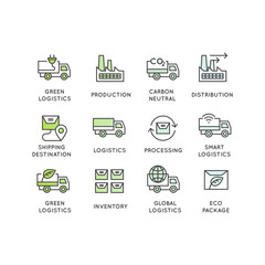 Logistics, eco-friendly supply chain, shipping, warehouse, and sustainability icons, carbon neutral, eco friendly, factory production, co2 footprint report