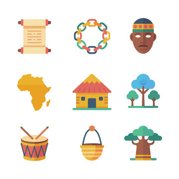 African culture heritage icon set, traditional drums masks huts trees map, cultural festival celebration elements, flat vector