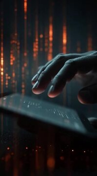Homem de negocios trabalhando em notebook com codigos de programacao na tela