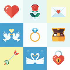 Romantic relationship icon collection, hearts roses envelopes rings, affection celebration elements, clean flat vector illustration
