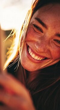 Jovem mulher bonita tirando selfie sorridente e contente em ambiente iluminado