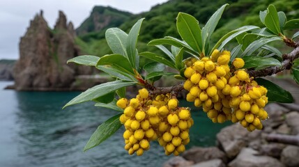 The Beauty of Nature Captured: A Breathtaking Bunch of Yellow Berries Hanging from a Flourishing Tree