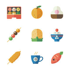 Traditional food festival icon set, street snacks fruits bowls drinks, cultural celebration cuisine elements, playful flat vector design