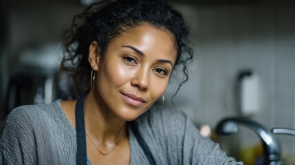 Maya in a Black Apron Washing Dishes After Dinner: A Heartwarming Kitchen Scene Captured in Photorealistic Detail