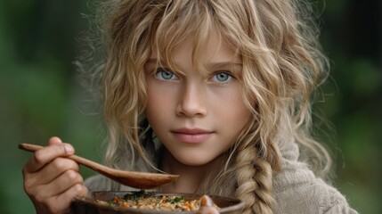 A Joyful Young Girl Sampling Her Delicious Homemade Dish with a Wooden Spoon and Big Smile