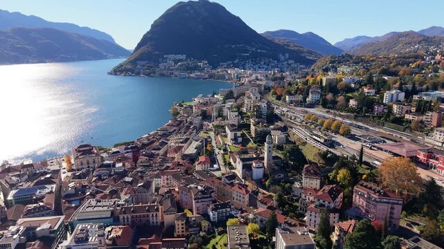 Lugano city aerial view with Lake Lugano and Monte San Salvatore mountain. Lugano, Canton of Ticino, Switzerland.
