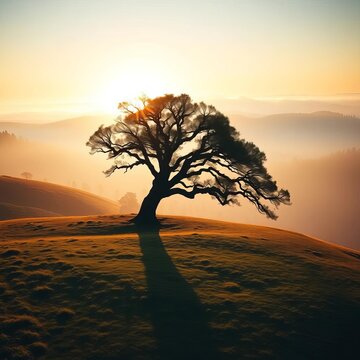 A solitary ancient oak tree stands on a misty hill at sunrise, casting long shadows,  nature,  mist