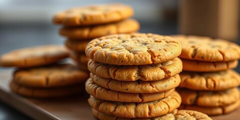 A stack of golden-brown cookies, an inviting icon of homemade sweetness and baked perfection,  homemade,  bakery