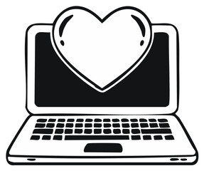 Hand drawn laptop computer with a heart symbol on the screen for online dating and digital romance concepts