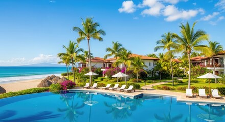 A luxurious tropical resort with a swimming pool, palm trees, and beachfront accommodations.