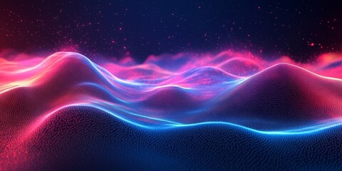Obraz premium Wallpaper, sound waves, and software or futuristic technology with digital visualization for big data transfer. Internet, cloud computing, and real-time data processing in waveform, Generative AI