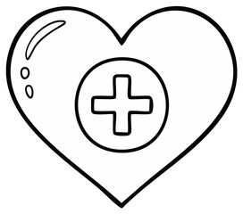 Obraz premium Heart shape with medical cross inside, hand-drawn black and white illustration, healthcare symbol