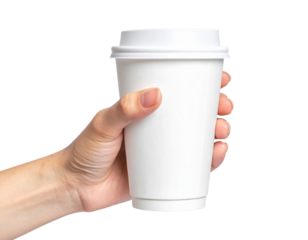 Woman's hand holding a white disposable paper coffee cup with a lid to go Isolated on transparent or white, Cut out