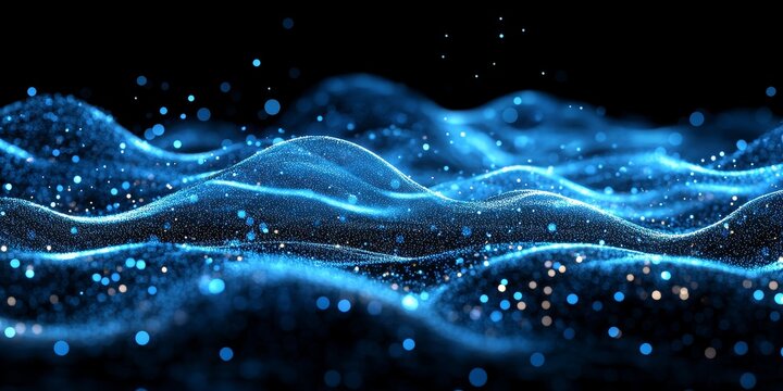 Blue sound waves, software, and futuristic technology visualizing digital systems for big data transfer. Internet, cloud computing, and applications for real-time processing of complex, Generative AI