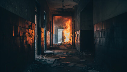 Burning Hallway In Abandoned Building.