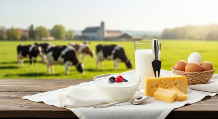 A wooden table with a bowl of yogurt, a glass of milk, a cheese wedge, and a basket of eggs on a white tablecloth in front of a green field