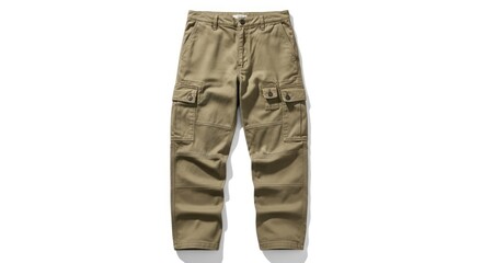A pair of olive green cargo pants with multiple pockets and a belt loop, standing against a white background.