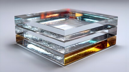 Geometric Clear Glass Cube Stack on White Surface with Colorful Reflections