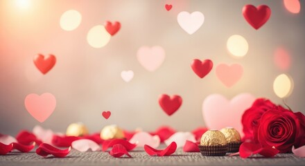 Valentine's Day background with red roses, chocolates, and heart-shaped decorations.