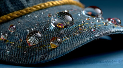 Denim Fabric with Water Droplets - Blue Textile with Reflective Beads