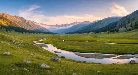 A serene mountain landscape with a river flowing through a lush green valley at sunset.