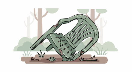 Cracked plastic chair trash, forest pollution scene with discarded plastic chair and outdoor trash concept, suitable for poster design, article header, and eco-themed product mockup.