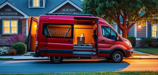 Obraz premium A delivery van parked at a residential address, parcel visible inside, order, goods