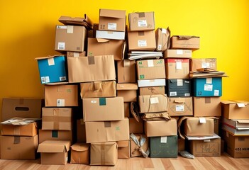 A haphazard stack of various-sized cardboard boxes, texture, warehouse
