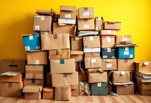 A haphazard stack of various-sized cardboard boxes, texture, warehouse