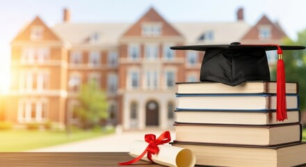 Graduation cap and diploma on a stack of books in front of a university building.