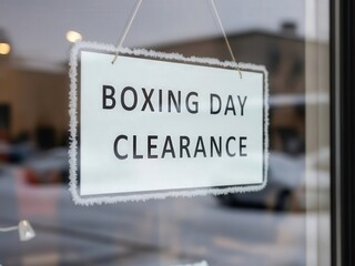 Boxing day clearance sign in a frosty window, signaling winter holiday sales event