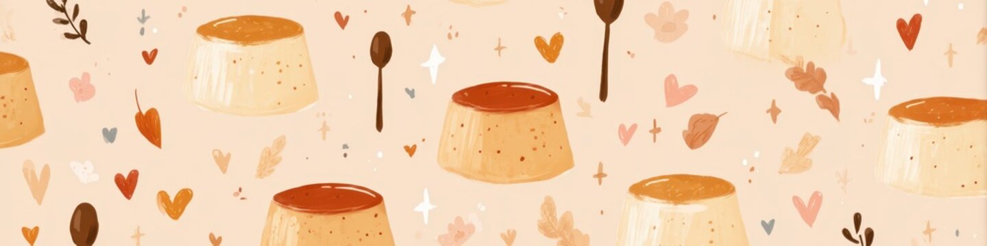 手描きプリンとスイーツモチーフが並ぶ優しい色合いの背景パターン