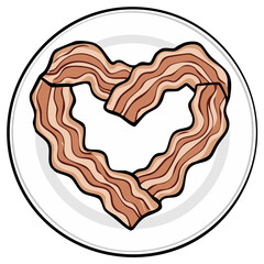 Obraz premium Bacon strips styled into heart shape on plate. Breakfast concept of love for food, pork food icon on dish. Cartoon illustration isolated on white.