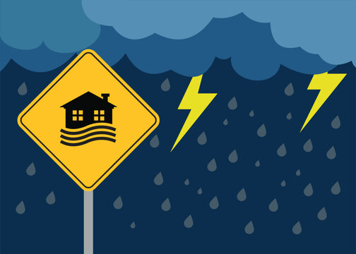 Flood Warning Ahead. Heavy storm with heavy rain and lightning signaling risk of flooding in housing areas