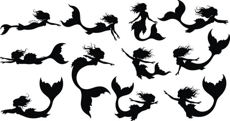 Mermaid silhouette collection, fantasy sea creatures, swimming poses, flowing hair, tail shapes, cad drawing flat vector illustration