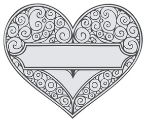 Ornate heart shaped frame with intricate filigree scrollwork and a blank banner for text or a monogram