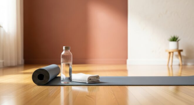 A yoga mat with a water bottle and a towel on it in a spacious room with a wooden floor and a window with natural light. - Powered by Adobe