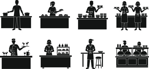 Black Silhouette Food Service Worker Vector Set: Restaurant Staff, Chef, Waitress, Barista, Catering Employees, and Kitchen Professionals Graphics