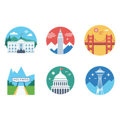 Obraz premium City landmark illustration set, capitol tower bridge skyline, urban tourism celebration symbols, vibrant flat vector design