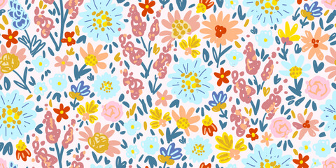 Bright summer floral vector seamless pattern. Colorful flowers on a light background. For fabric prints, textile products, and clothing.