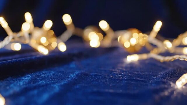 Abstract close up of illuminated string lights on velvet fabric background