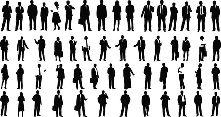 Large Collection of Diverse Business People Silhouettes: Professional Men and Women Standing in Various Poses, Showing Corporate Teamwork and Success, Vector Illustration