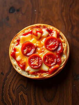 A toasted bagel topped with marinara sauce, melted cheese, and pepperoni slices, a miniature pizza delight,  oven baked,  mini