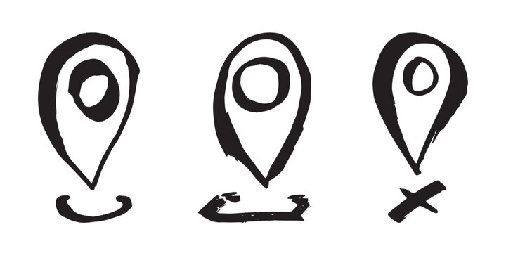 Set of hand drawn map pin Map marker pointer sign GPS and mapping tools Location pin symbol Pinpoint clipart in doodle style Single element for web, design