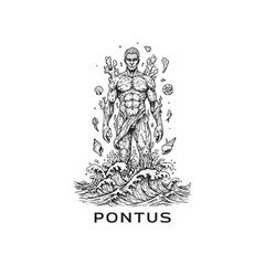 Surreal illustration features Pontus, the primordial Greek god of the sea, emerging powerfully from turbulent ocean waves