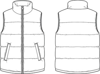 Padded vest, technical sketch, front view, back view, quilted, zipper, collar, fashion design, garment, vector, illustration, apparel, 